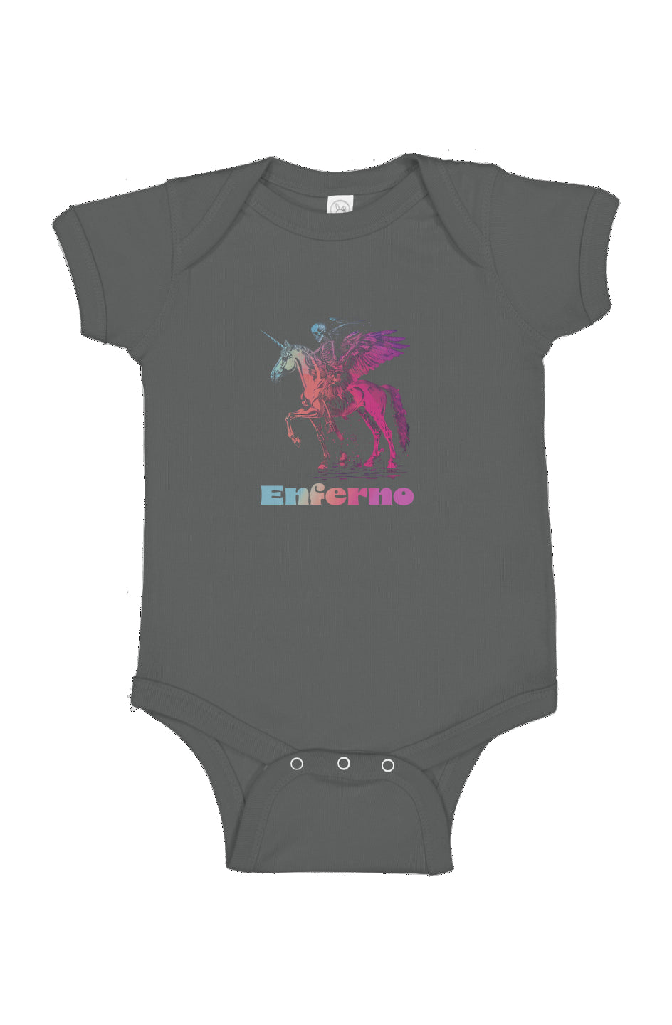 Enferno Death on a Rainbow Onesie in Charcoal.