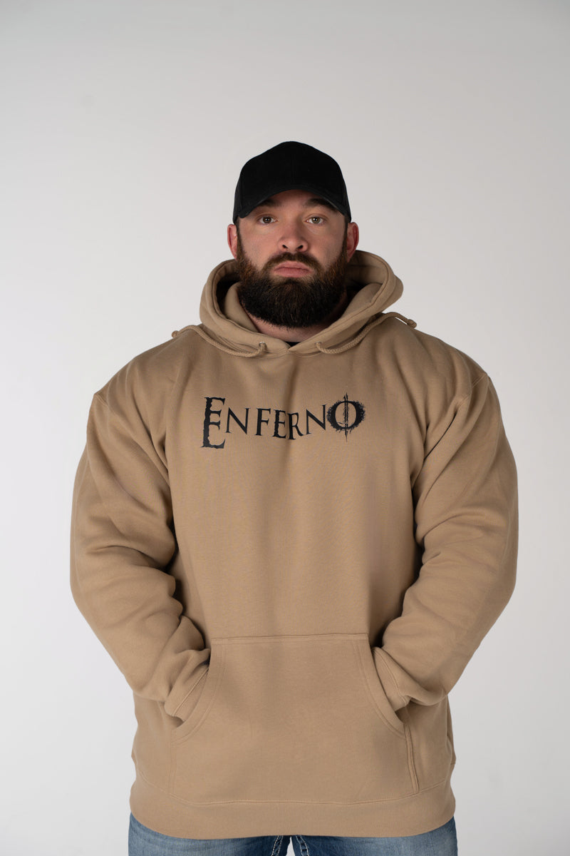 Model wearing Enferno Classic Logo Heavyweight Hoodie in Sandstone.