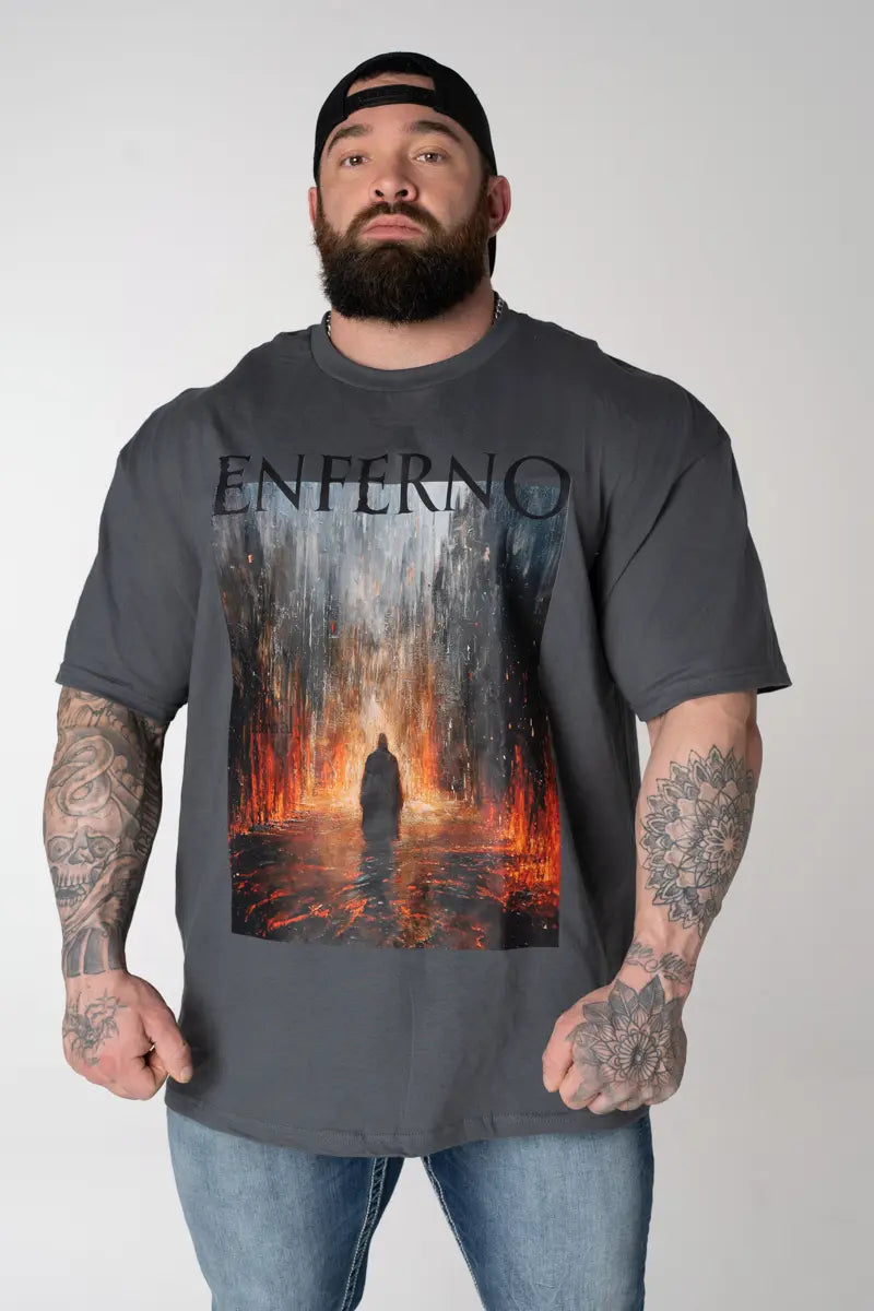 Model wearing Enter the Enferno Tee in Pepper.
