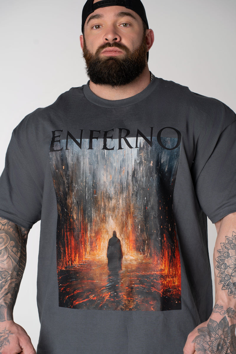 Model wearing Enter the Enferno Tee in Pepper.