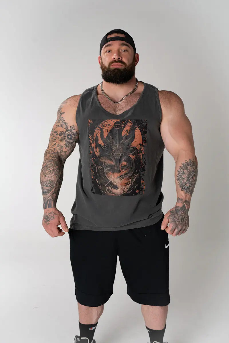 Model wearing Enferno the Dragon's Dominion Tank in Pepper.