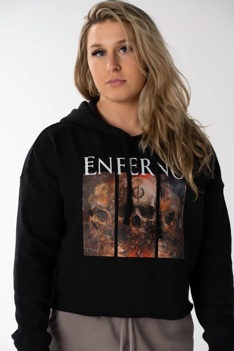 Model wearing The Enferno's Core Crop Hoodie in Black.
