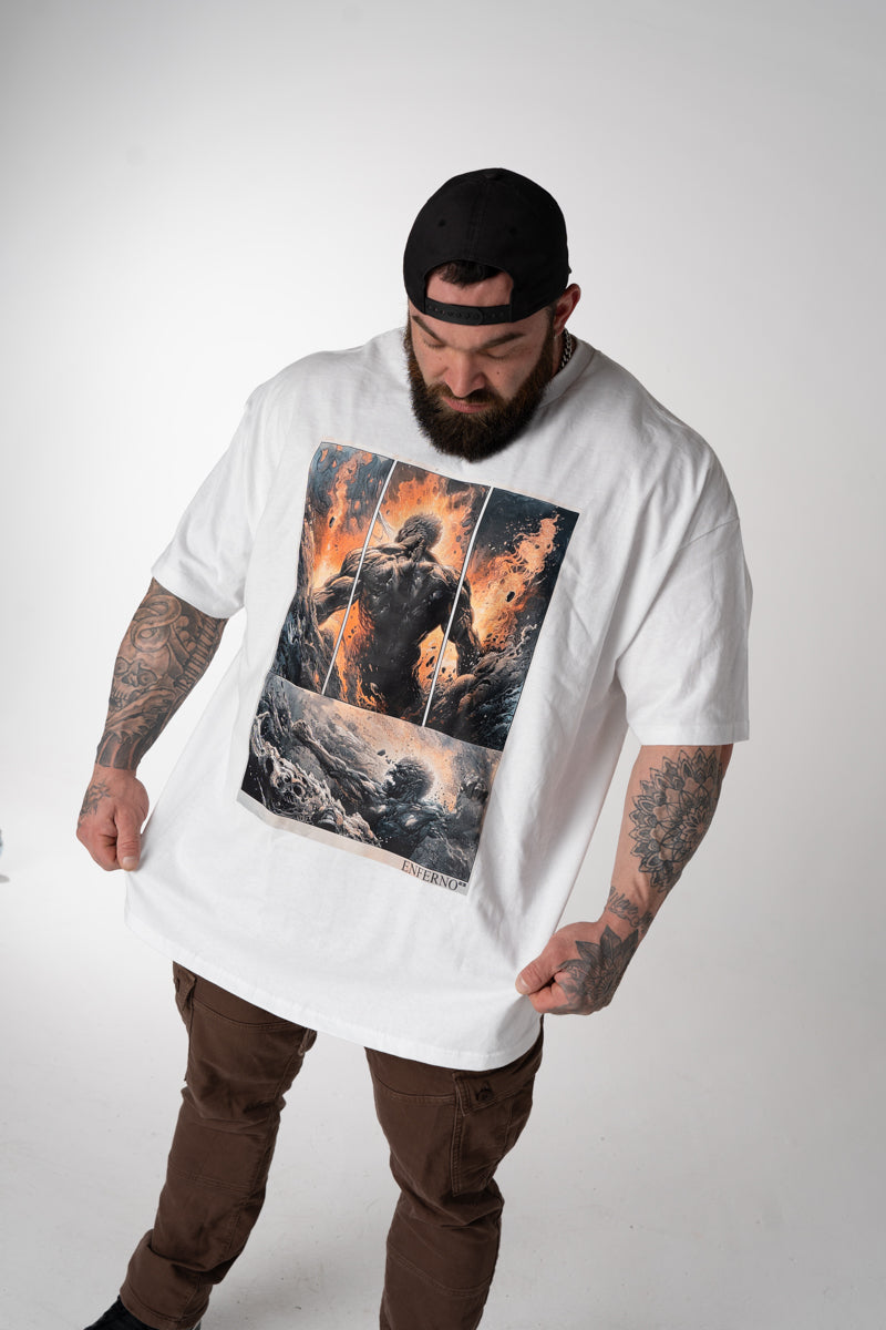 Model wearing Enferno the Furnace Born Tee in White.