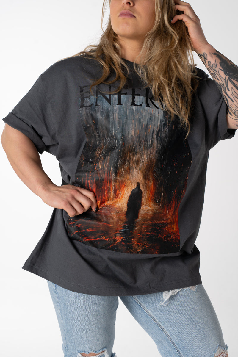 Model wearing Enter the Enferno Tee in Pepper.