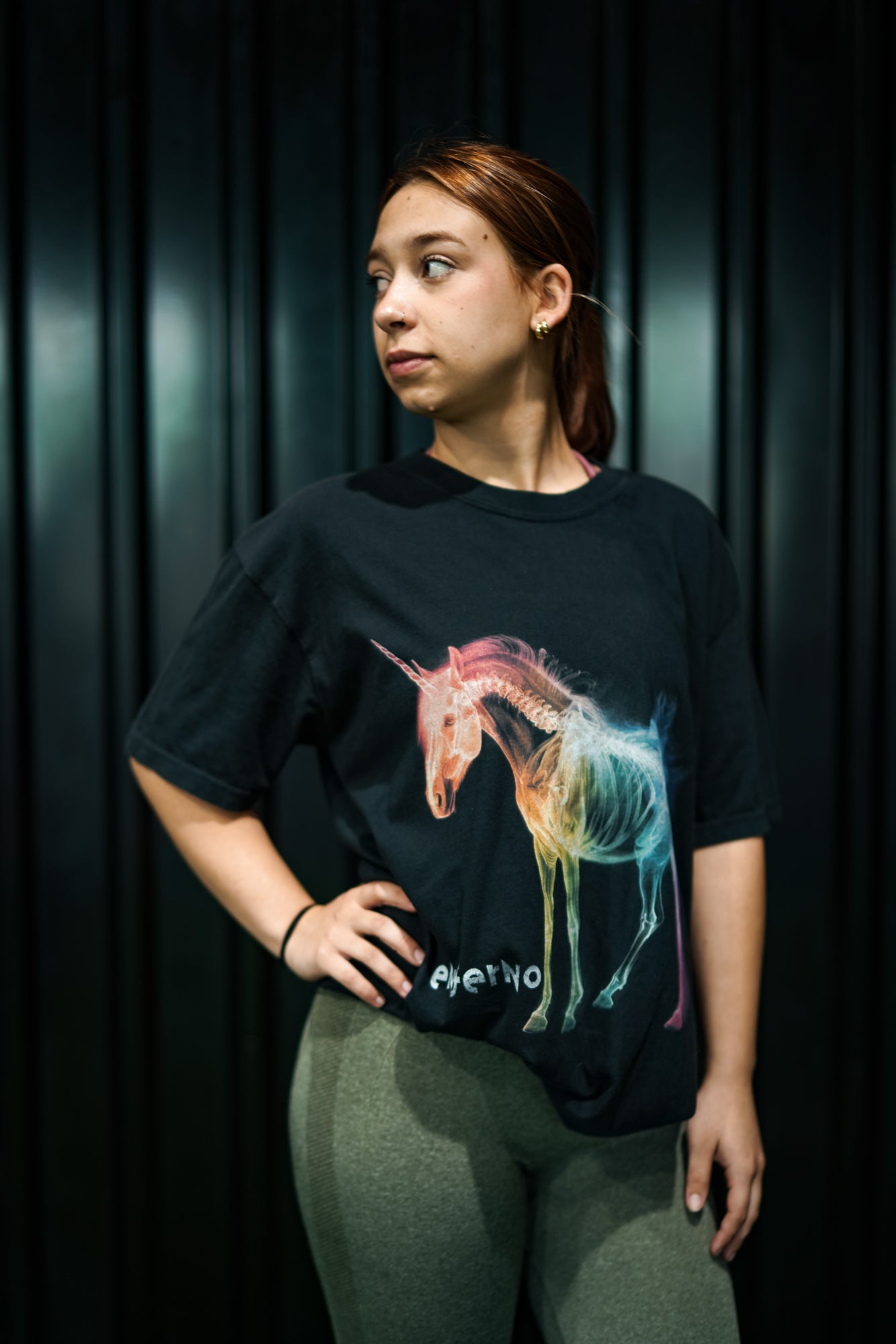 Enferno X-Ray Unicorn Tee in Black on model Madelyn.