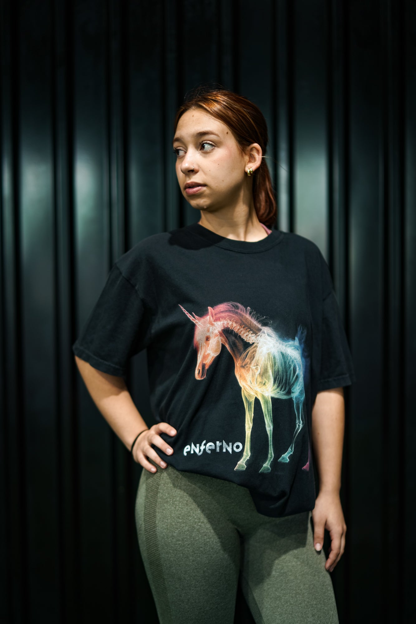 Enferno X-Ray Unicorn Tee in Black on model Madelyn.